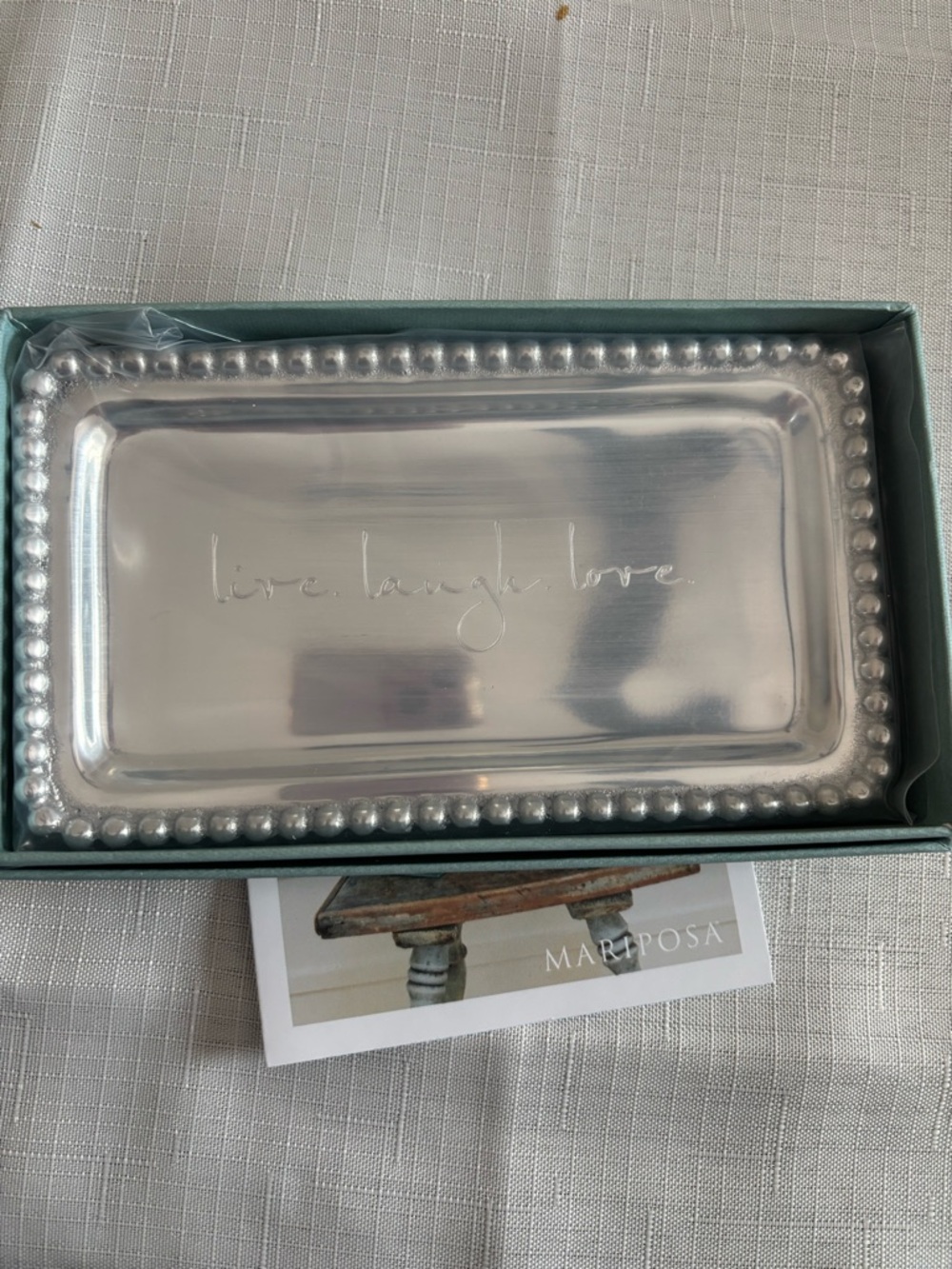 Mariposa Silver Beaded Rectangular Tray - Live Laugh Love Script
